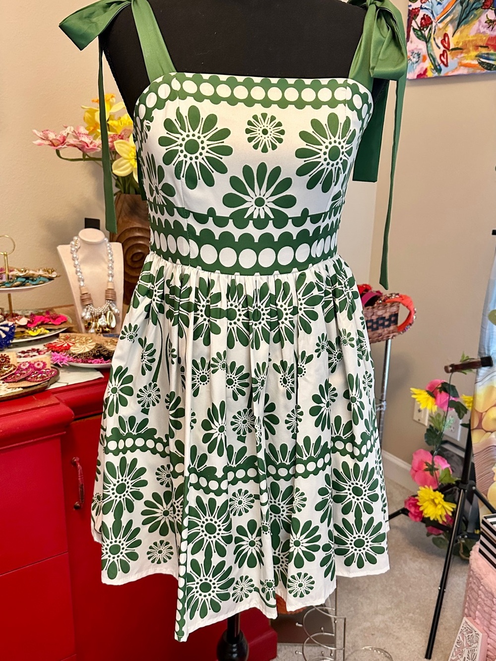 Green and White Floral Tie-Shoulder Sundress